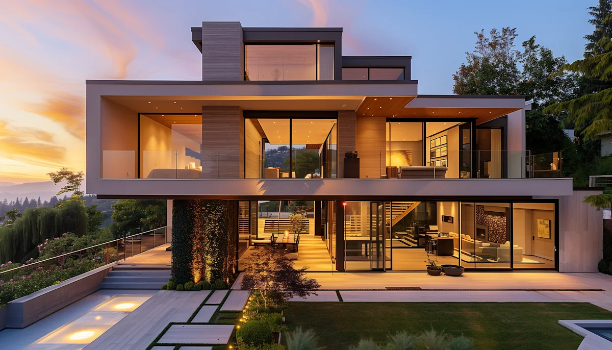 The Ridgeline House at dusk: three cantilevered levels with floor-to-ceiling glass, warm interior lights and a lawn leading to a lit pool terrace.